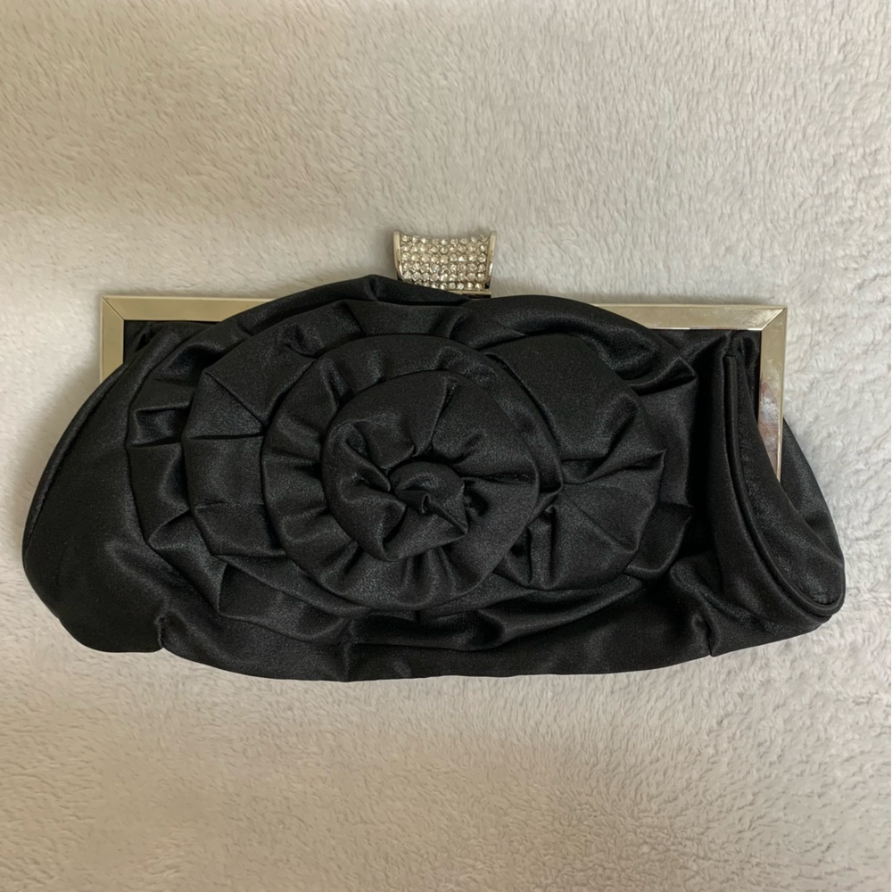 Black Satin flower clutch with sparkly diamond handle